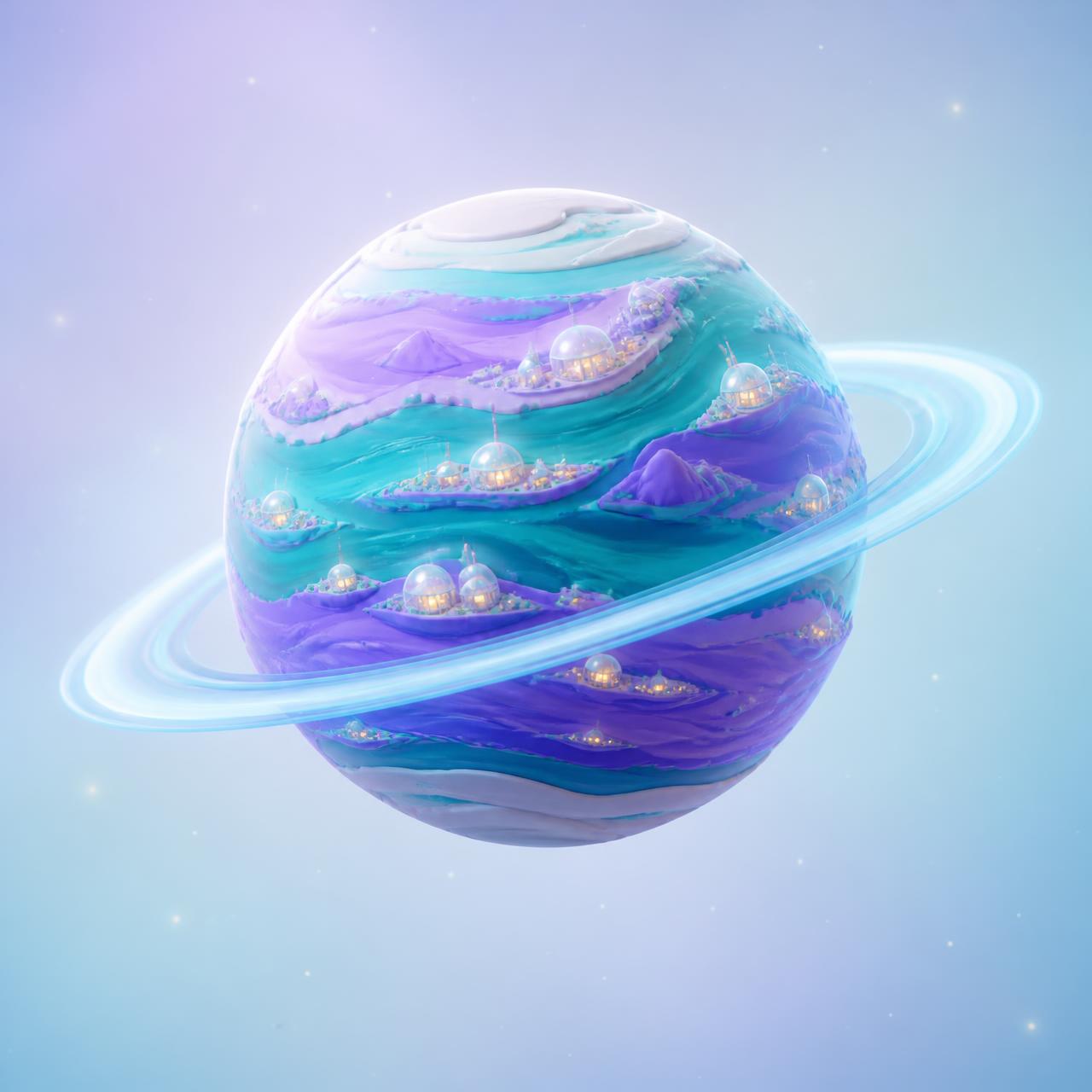 Stylised ringed planet with glowing colony domes on its surface